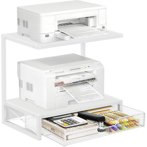 Printer Stand for Desk with Storage Drawer, 2 Tier Desktop or Under Desk Shelf, Wood Desktop Organizer for Home Office, Fits 3D Printer, Scanner, Fax Machine, Cricut, White