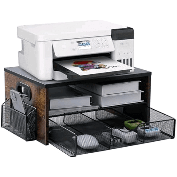 Printer Stand,Desktop Printer Stand with 2-Tier Storage Shelves for Home OfficeDesk Organizer with Drawer and 2 Pen Holders for Fax Machine Scanner Files$$Office