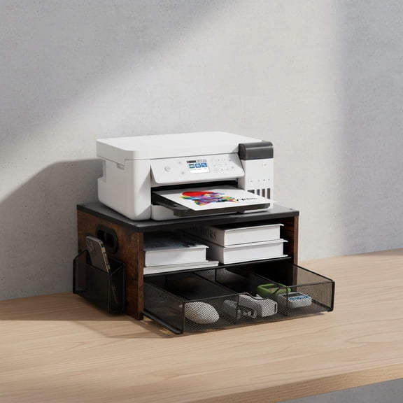 Printer Stand, Desktop Printer Stand with 2-Tier Storage Shelves for Home Office, Desk Organizer with Drawer and 2 Pen Holders for Fax Machine Scanner Files