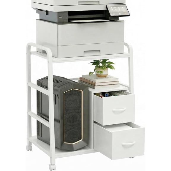 Printer Stand Featuring Fabric Drawers, Under Desk Host Computer Cabinet and Shredder Shelf, Heavy Duty Printer Stand with Storage Workstation Organization Printer Table for Home Office