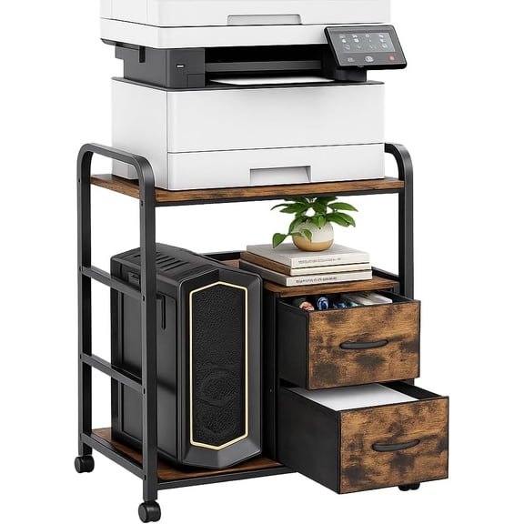 Printer Stand Featuring Fabric Drawers, Under Desk Host Computer Cabinet and Shredder Shelf, Heavy Duty Printer Stand with Storage Workstation Organization Printer Table for Home Office