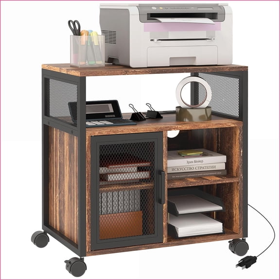 Printer Stand, Industrial Mobile Rolling Cart with Outlets & USB for Home Office, Rustic Brown | Rustic Brown | Particle Board