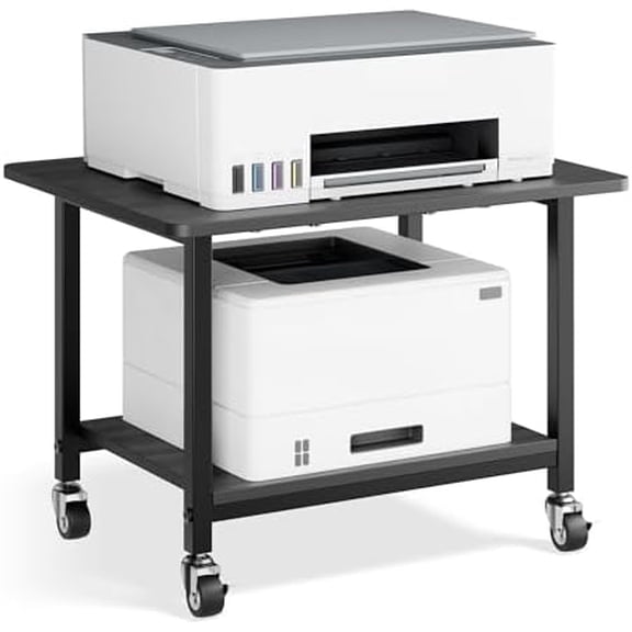 Printer Stand with Lockable Wheels, 2-Tier Rolling Printer Cart with Storage Shelf, Compact Wood & Metal Printer Table for Home Office, Black, 20.1'' 15.4'' 14.6''$$Office