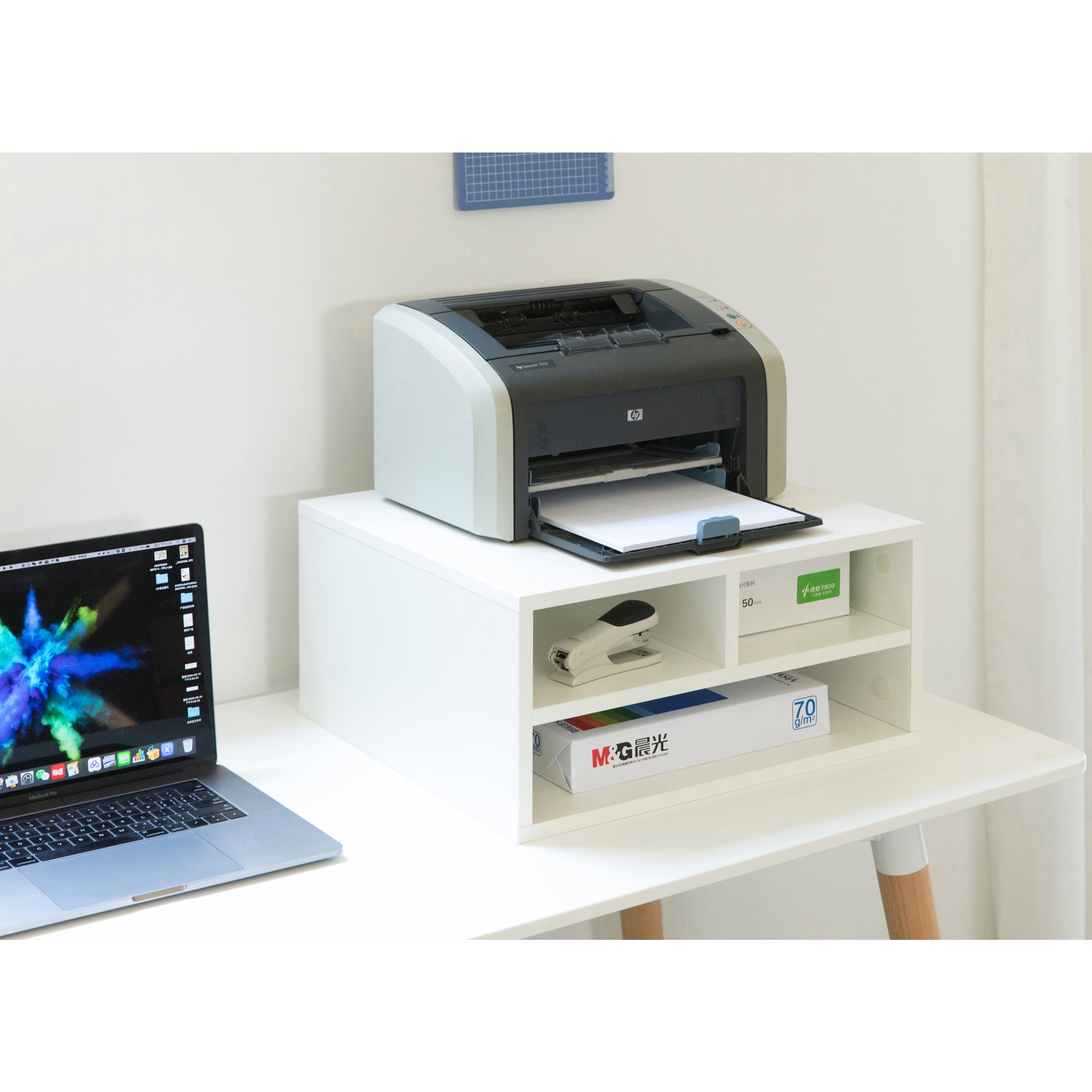 White Wood Compact Desktop Printer Stand with Storage