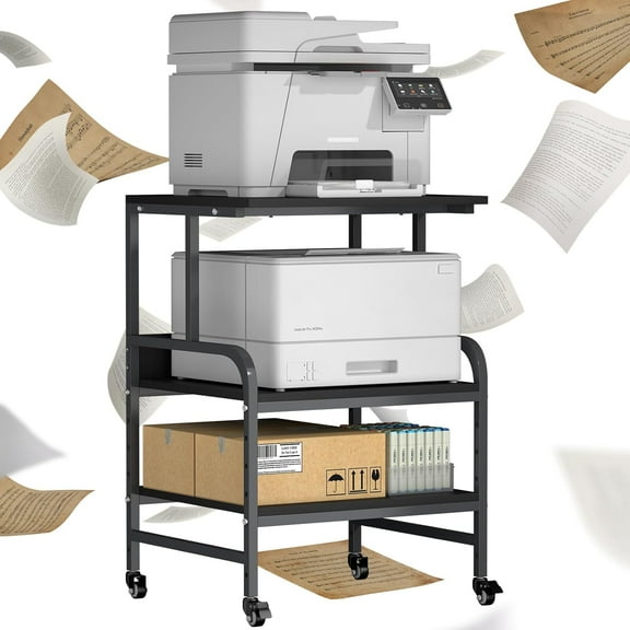 Printer Stand with Storage, 32.48 X 22.05 X 18.9 Metal Printer Cart with Heavy Duty Casters, 3D Printer Table for Home Office, Large Table for Printer, Scanner, Fax, Black Ebony
