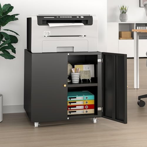 Printer Stand with Storage Cabinet with Wheels,3D Heavy Duty Metal Large Printer Table with Adjustable Shelf for Home Office, Mobile Printer Cart,Black,23.62" H$$Office