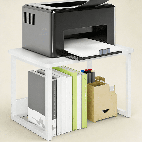 Printer Stand with Storage for Desk, Desktop Printer Stand Shelf Organzier for Home/Office Heavy Duty Printer Riser Under Desk Small Printer Table for Fax Machine Copier Scanner(White)