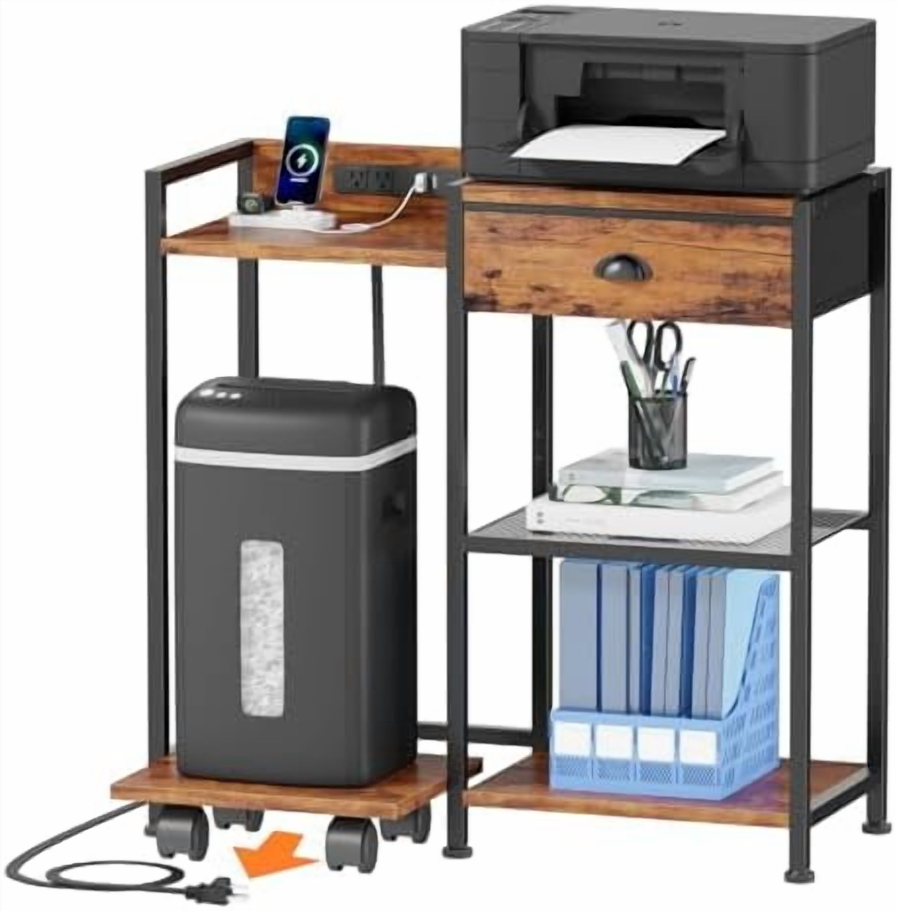 Shreader Tabletop Printer Stand with Storage Drawer,Printer Table with Charging Station ...