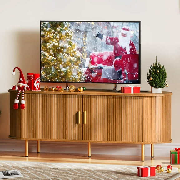 TV Stand with Power Outlet, Mid-Century Modern Television Stand, Media Console with Sliding Doors, Entertainment Center for TVs up to 60 Inch, Adjustable Shelves,Yellow Walnut