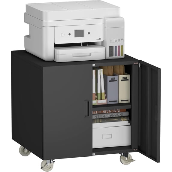 Metal File Cabinet with Wheels, Rolling Printer Station for Home Office, Heavy Duty Storage Cabinet with Adjustable Shelf, Large Office mobile Cabinet for Fax, Scanner, Copier, Black