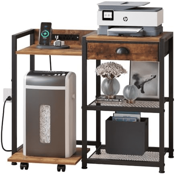 Printer Stand with Storage, Mobile Printer Table with Charging Station and USB Port for Home Office, Desktop Shredder Shelf with Wheels, Rolling Cart with Drawers, Computer Tower Stand$$Office