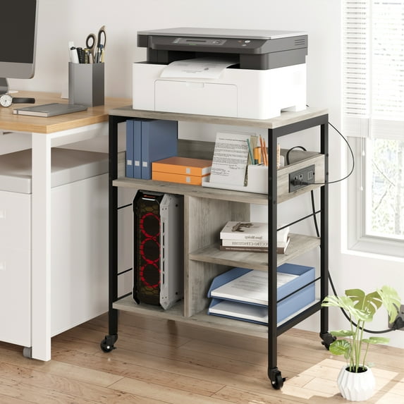 Printer Stand with Storage Shelf, Printer Cart Large Printer Table with Power Outlets and USB Charging Ports, 4 Tier Mobile Home Printer Stand with Wheels Printer Tables for Small Spaces