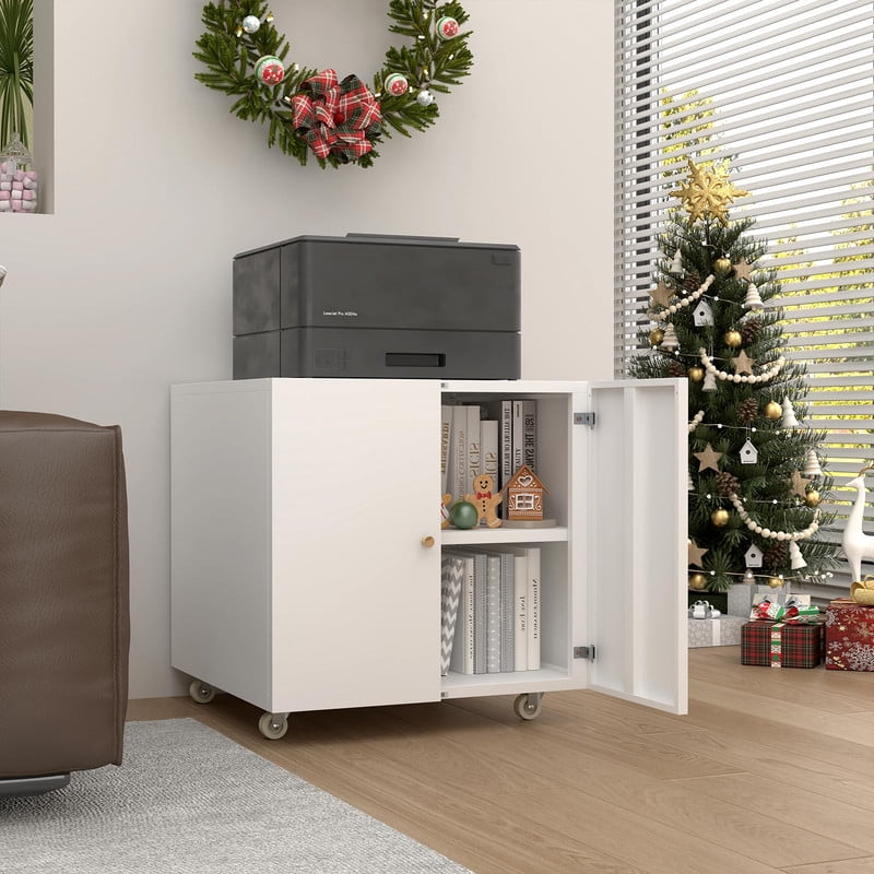 White Metal Mobile Printer Stand with Storage Cabinet