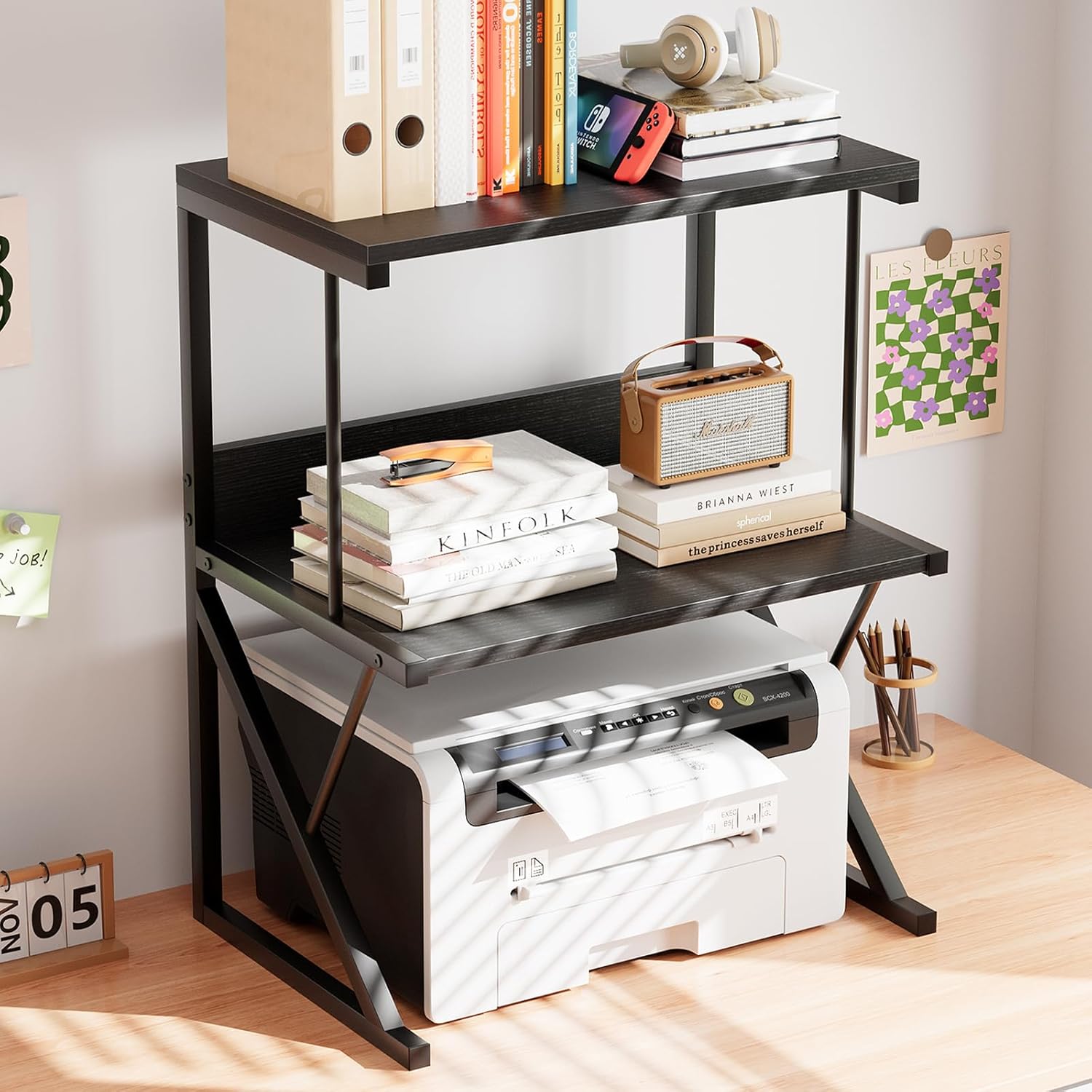 Printer Stand for Desk to Save Space, Metal+Wood for Home Office ...