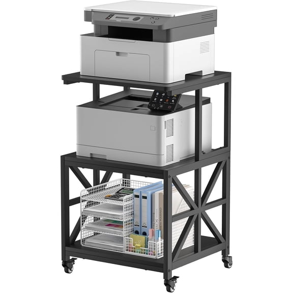 Printer Stand with Lockable Wheels, Heavy Duty Printer Table with 3-Tier Storage Shelf for Home Office, Mobile Printer Cart for Small Spaces