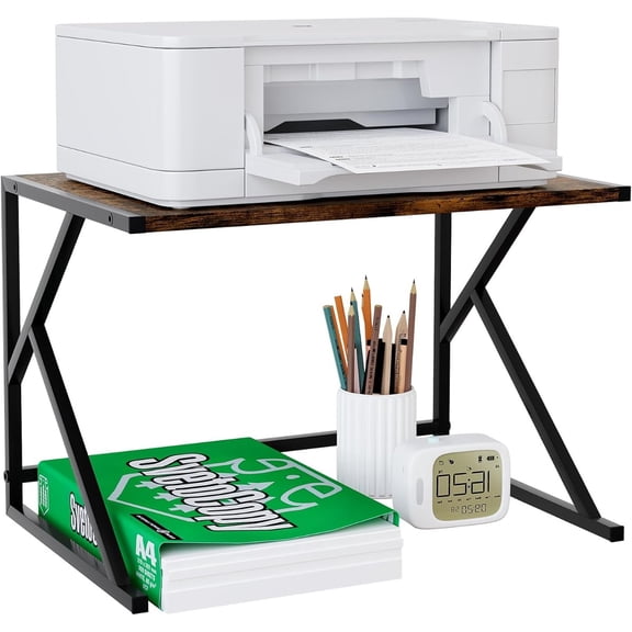 Printer Stand with Metal Frame and Wood Shelf, Desktop Organizer Rack Brown for Home Office