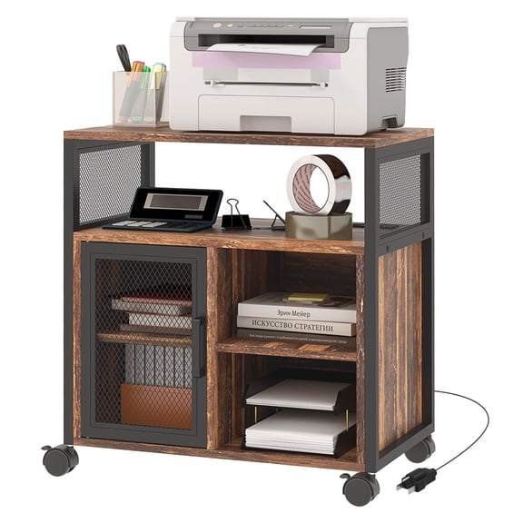 Printer Stand with Power Strip, Mobile Industrial Printer Table with Storage, Rustic Brown