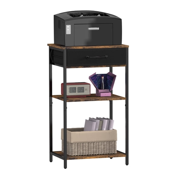 Printer Stand with Storage & Fabric Drawers - 3-Tier Industrial Office Side Table, Rustic Brown Nightstand for Small Spaces