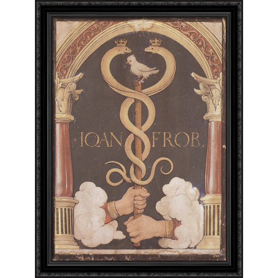 Printer's Device of Johannes Froben 28x38 Large Black Ornate Wood Framed Canvas Art by Hans Holbein the Younger
