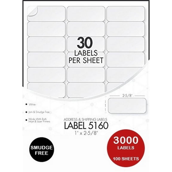 PrinterDash Compatible Replacement for White Labels (1 X 2 5/8in) (3000 Labels) (5160)