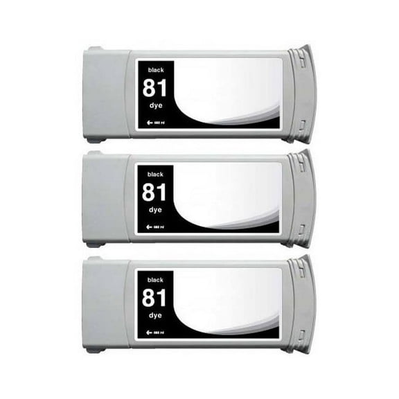 PrinterDash Compatible with HP DesignJet 5000/DesignJet 5500/DesignJet 5500PS Black Dye High Yield Wide Fomat Inkjet (3/PK-680 ML) (NO. 81) (C5066A)