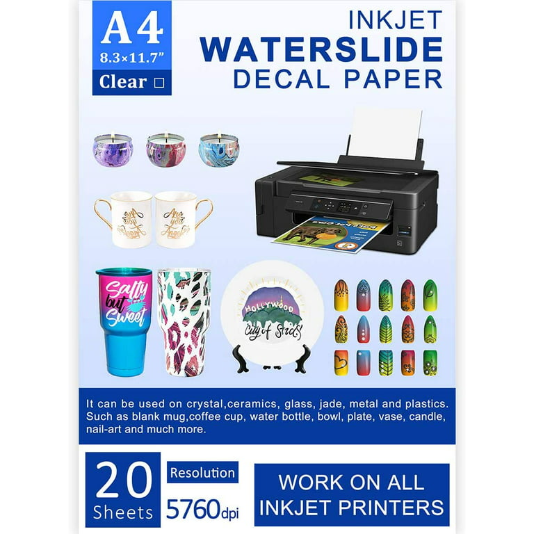20 Sheets Waterslide Decal Paper INKJET CLEAR,8.5X11 Inch Water Slide  Transfer Paper Transparent Printable for  Tumblers,Ceramics,Plastics,Glasses,DIY : : Office Products