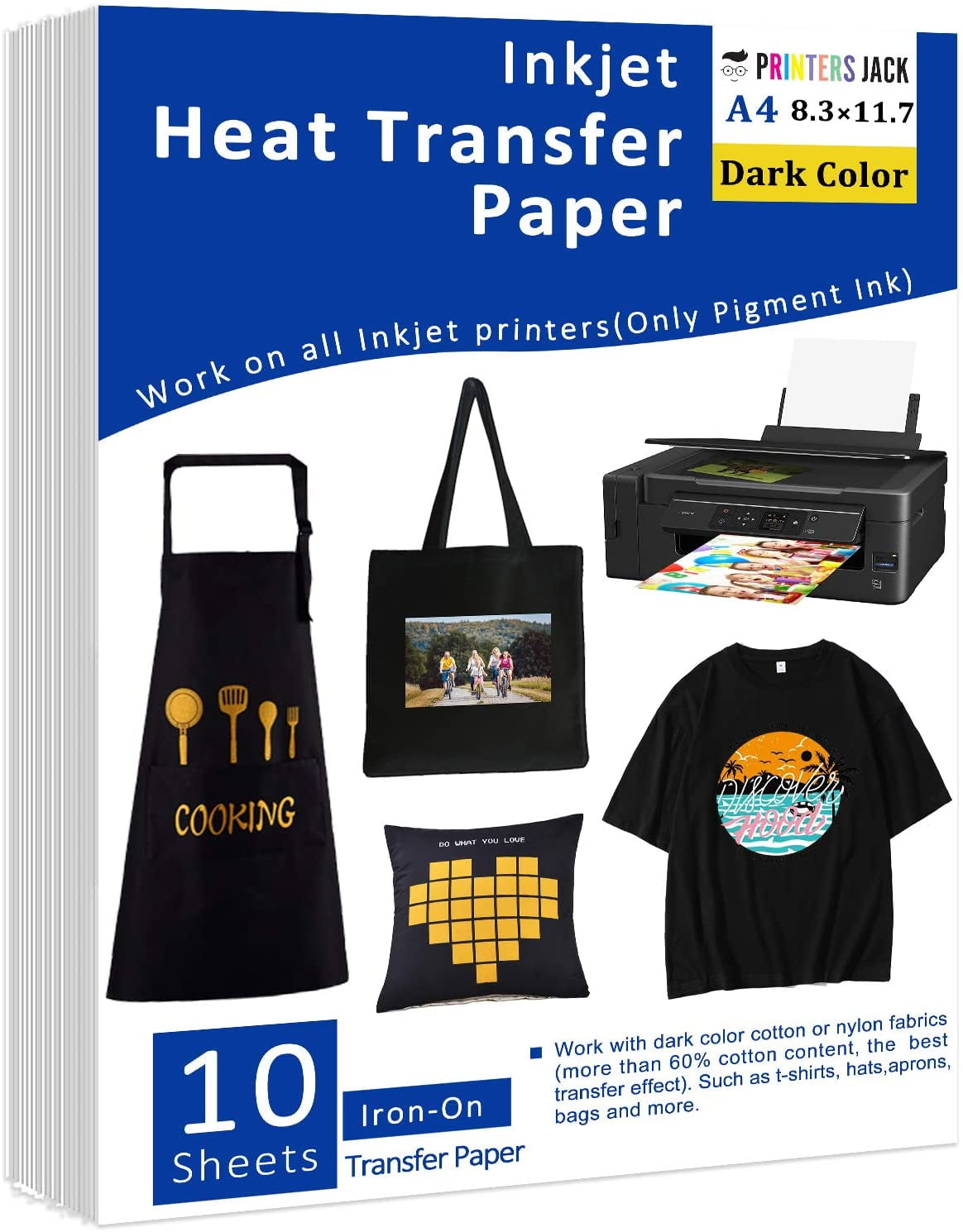 Printers Jack Iron-On Dark Color Heat Transfer Paper 8.3x11.7 inch - 10  sheets