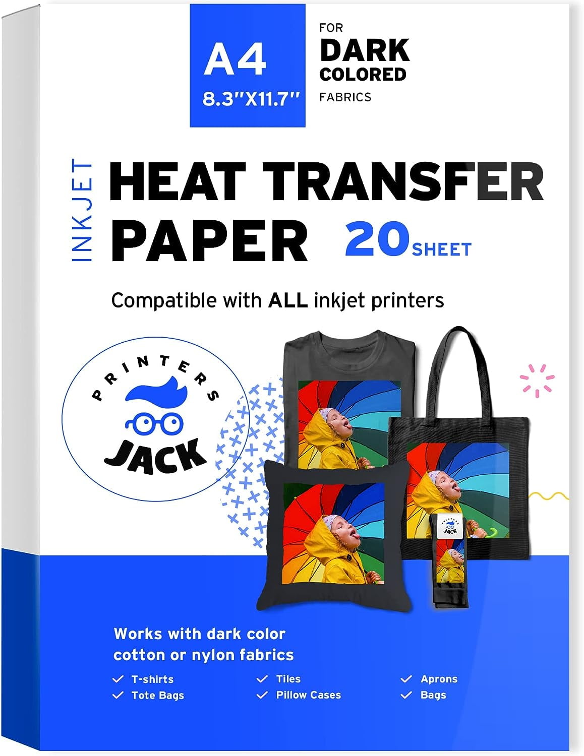 Printers Jack Heat Transfer Paper Compatible with All Inkjet Printers, 8.3 inches, Dark Coloured, 1 Layer, 20 Sheets