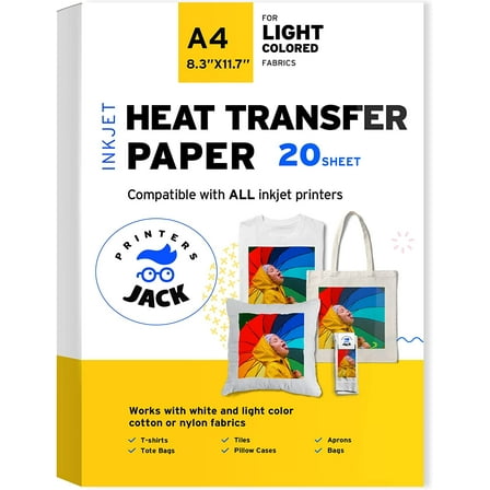 Printers Jack Iron on Heat Transfer Paper for White and Light Fabric, 1 Layer, 20 Sheets 8.3x11.7 inch