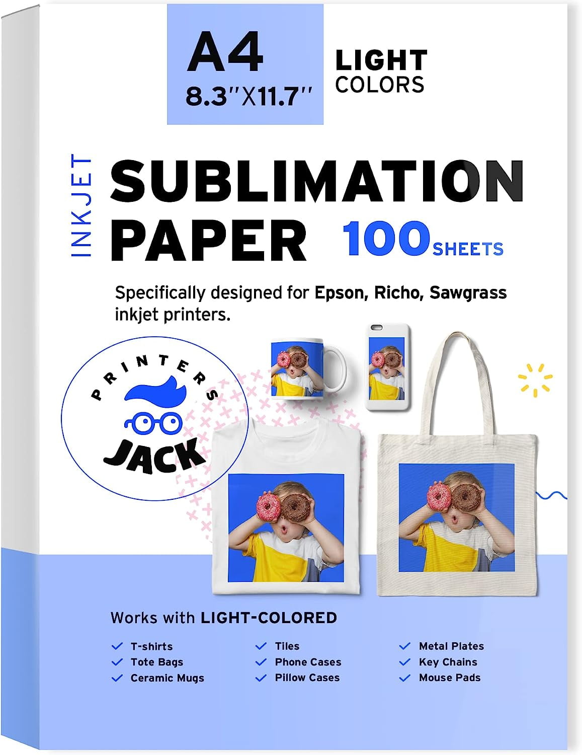 Printers Jack Sublimation Paper A4 125 GSM 100 Sheets 8.3" x 11.7" Compatible with Epson, Ricoh, and Sawgrass Inkjet Printers, 1 Layer