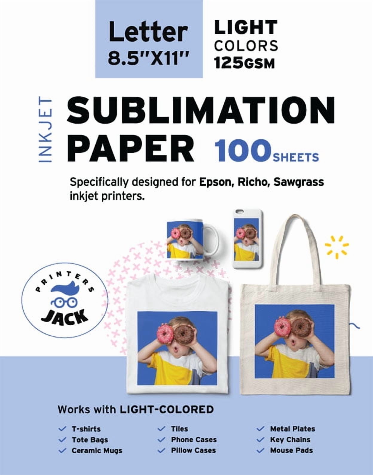 Printers Jack Sublimation Heat Transfer Paper 125 GSM 100 Sheets 8.5" x 11" for Any Epson HP Canon Sawgrass Inkjet Printer for T-Shirt, Mugs, 1 Layer