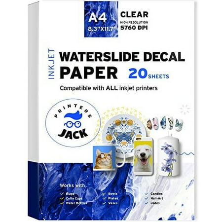 Printers Jack Inkjet Water Slide Decal Paper, White A4 Size, Printable Decals for Tumblers, Mugs, Glasses, 20 Sheets