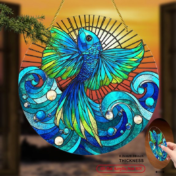 Printing, 1pc, Flying Fish Theme Suncatcher, Acrylic Hanging Sign, Stained Art Decorative Plaque, Suitable for Window, Wall, Porch, Room, Yard Garden, Classroom, Office, Coffee House,