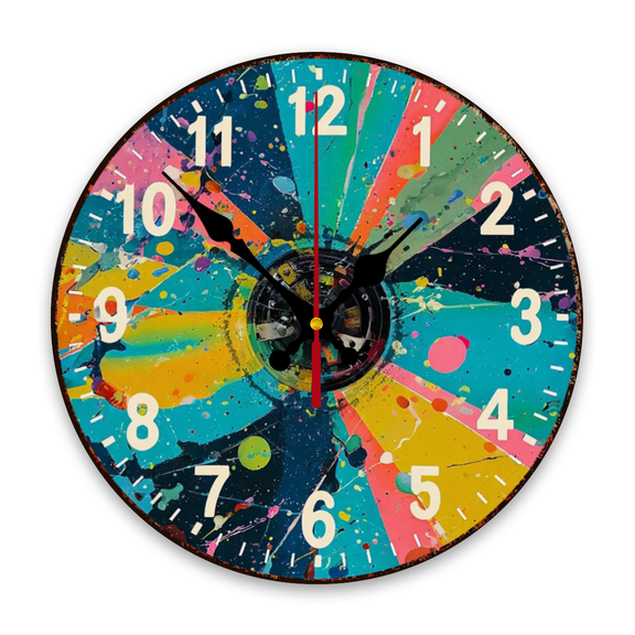 Printing 1pc wall-mounted clock decoration, 10-inch Discolored splashing word wooden circular wall-mounted clock, wooden circular decorative clock with digital display, suitable for home decor