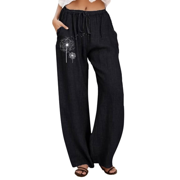 Printing Long Cotton Drawstring Wide Elastic Women Pants Leg Floral Waist Pants