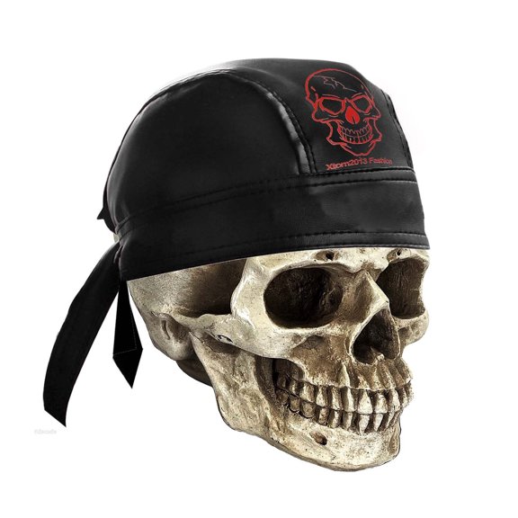 Printing Skull Motorcycle Bandana Head Wrap Du Doo Do Rag Hat Men PU Leather Rivet Cap