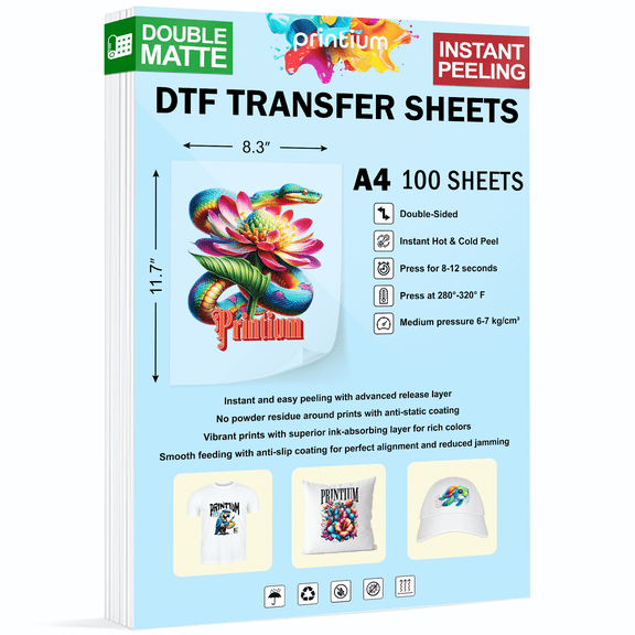 Printium Premium A4 Dtf Transfer Film Sheets, 8.3" x 11.7", Double-Sided Matte, Instant Peel, 100 Pack