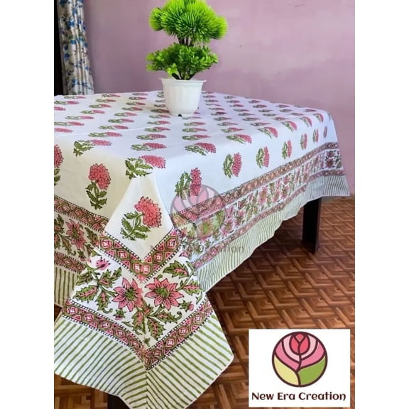 Printofab Gray & White Floral Indian Hand Block Printed Fabric By The Yard And Linen Set,Wedding Decor, Tablecloth Thanksgiving best Gift for Mom