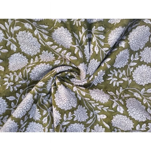 Printofab Green Indian Hand Block Printed Fabric By The Yard,Table Cover,Farmhouse Decor,Linen Set,Wedding Tablecloth mom Gift