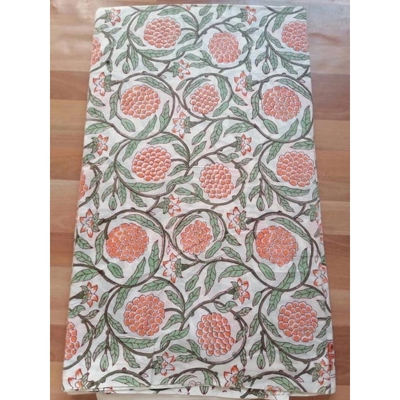 Printofab Orange and Army Green Floral Border Design Hand Block Print Cotton Cloth Fabric By The Yard, French Tablecloth, Farmhouse Wedding Outdoor Gift