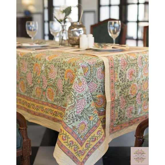 Printofab Orange, Green and White Floral Indian Hand Block Printed Tablecloth with Border Design all Around, Table Cover And Linen Set