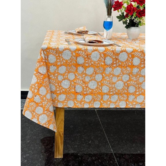 Printofab Orange & White Floral Indian Hand Block Printed Table Cover And Linen Set,Wedding Decor, Tablecloth Thanksgiving best Gift for Mom