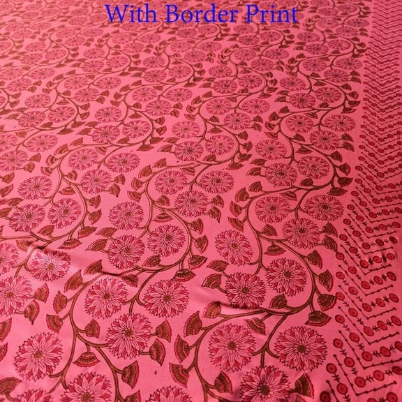 Printofab Orange and White Floral Indian Hand Block Printed Fabric By The Yard with Border Design all Around, Table Cover And Linen Set