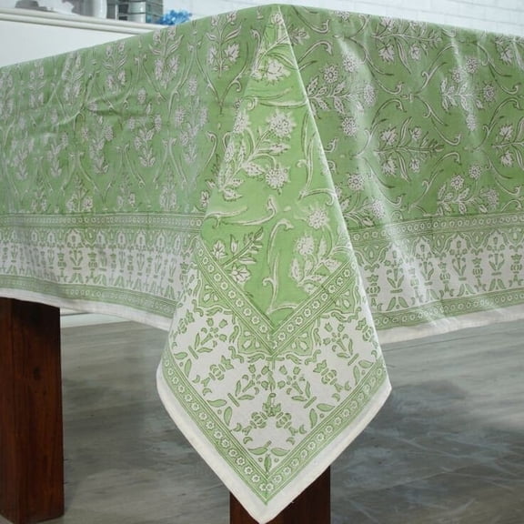 Printofab Pear Green and White Floral Indian Hand Block Printed Tablecloth with Border Design all Around, Table Cover And Linen Set
