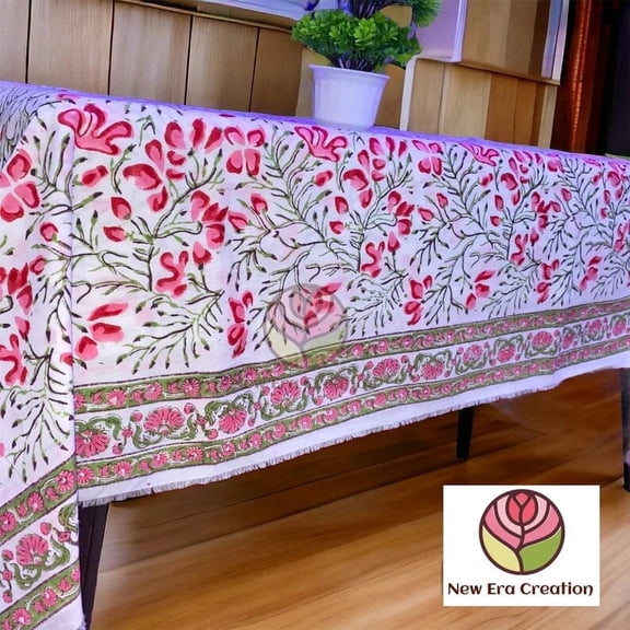 Printofab Pink, red and White Floral Indian Hand Block Printed Tablecloth with Border Design all Around, Table Cover And Linen Set