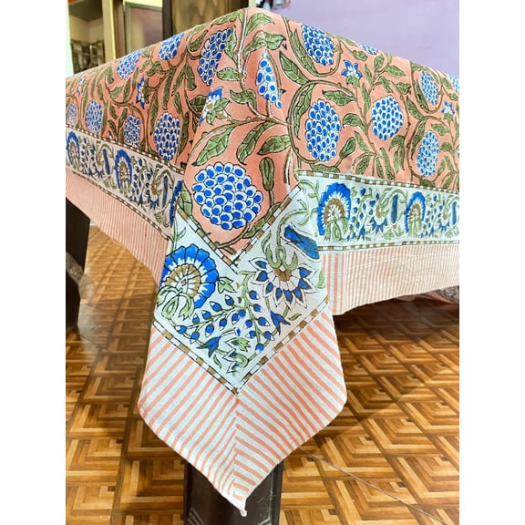 Printofab Salmon Pink, Sky Blue Floral Indian Hand Block Printed Tablecloth with Border Design,Table Cover And Linen Set,Wedding Decor