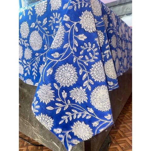 Printofab Shiny Blue & White Floral Indian Hand Block Printed Table Cover And Linen Set,Wedding Decor, Tablecloth Thanksgiving best Gift for Mom