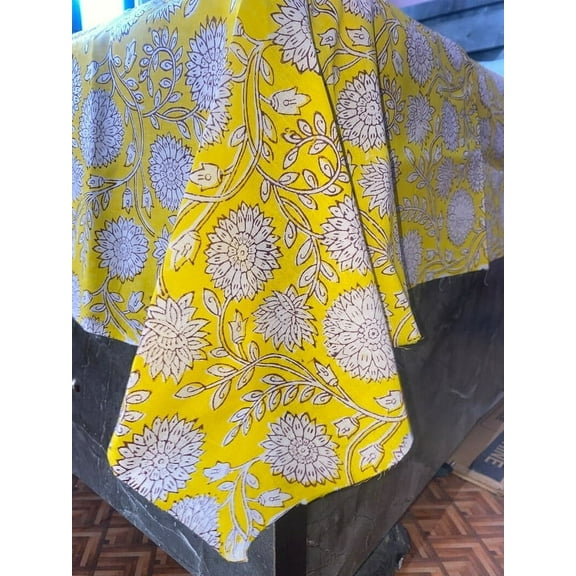 Printofab Shiny Yellow & White Floral Indian Hand Block Printed Table Cover And Linen Set,Wedding Decor, Tablecloth Thanksgiving best Gift for Mom