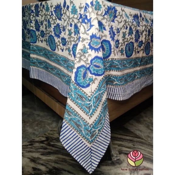 Printofab Sky Blue,Delft Blue Indian Hand Block Printed Tablecloth,Table Cover,Farmhouse Decor,Linen Set,Wedding Tablecloth Gift Pack