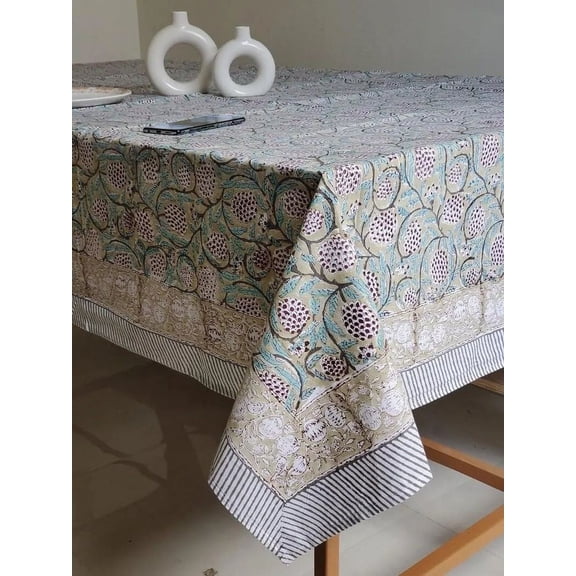 Printofab Sky Blue & White Floral Indian Hand Block Printed Table Cover And Linen Set,Wedding Decor, Tablecloth Thanksgiving best Gift for Mom